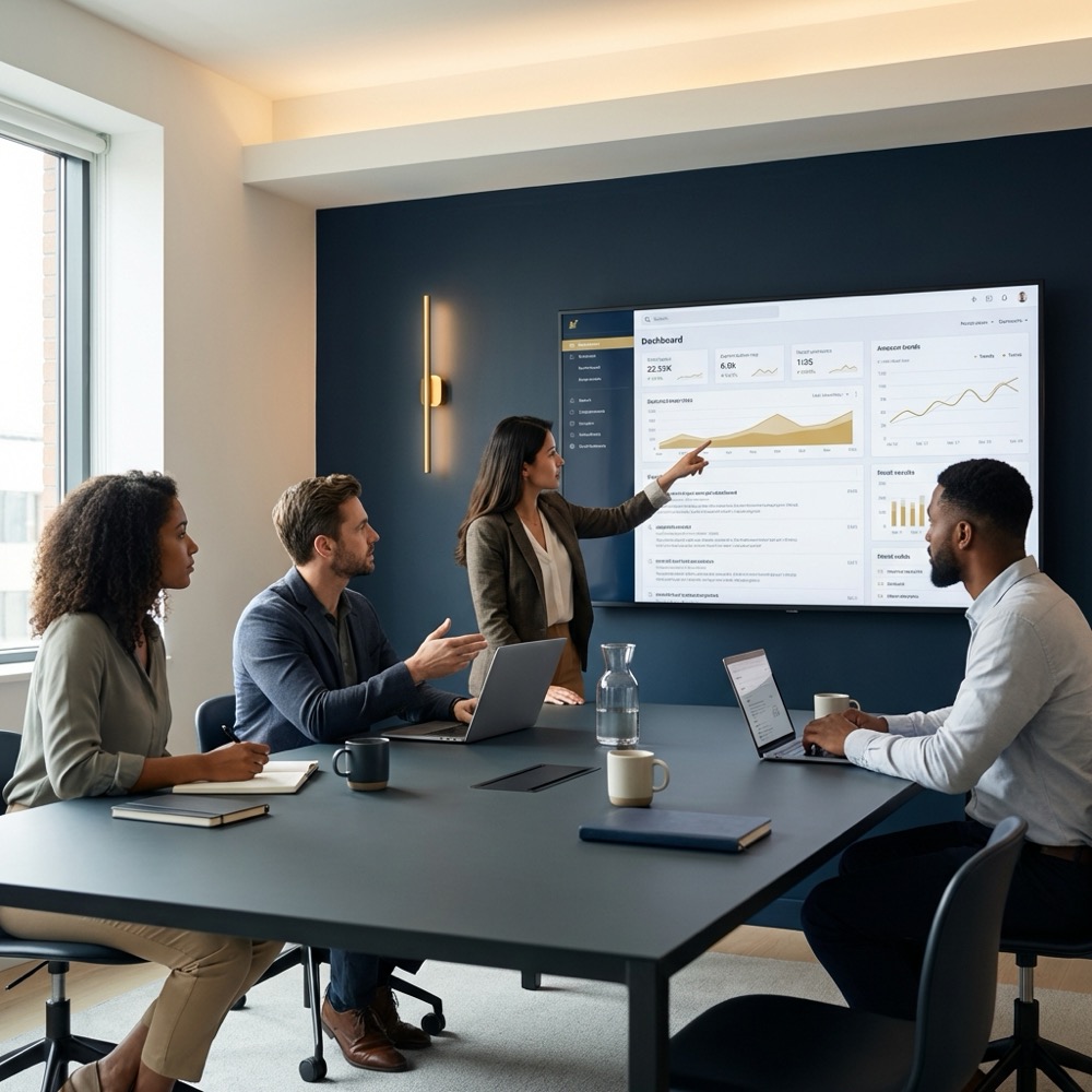Marketing team reviewing analytics dashboards and search results to improve search engine ranking in a minimalist navy meeting room