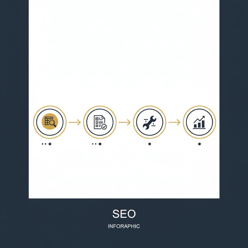 Minimal vector flowchart infographic with four icons (crawl, audit, fix, measure) connected by gold arrows on a dark blue background using seo optimizer color palette.