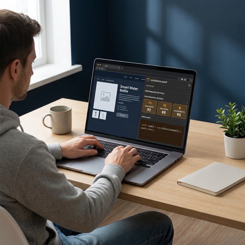 Developer running a browser extension audit on a product page showing code and numeric SEO metrics in a minimalist interface in brand colors seoquake