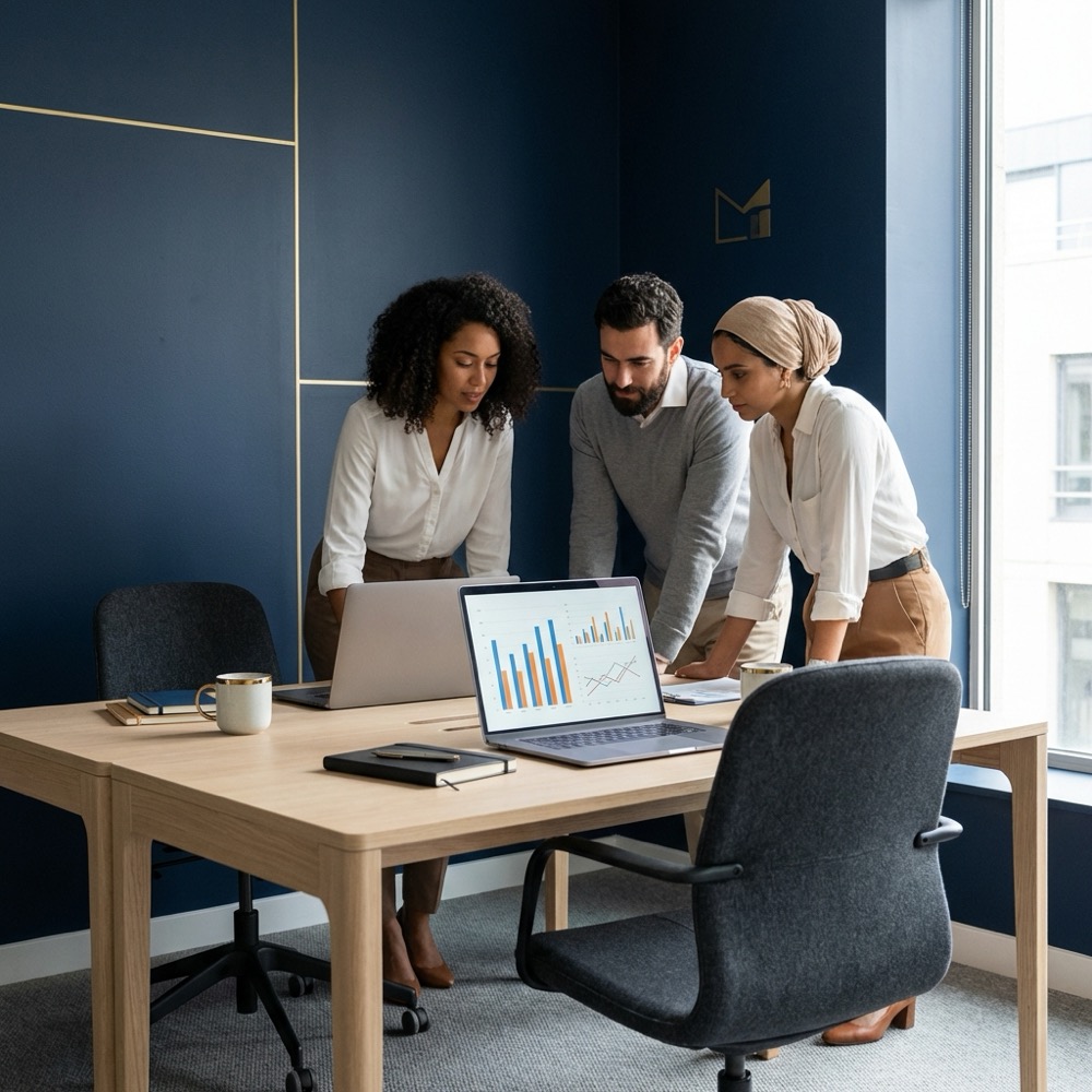 Three person team reviewing analytics dashboards on a laptop at a minimalist desk in a deep navy office with gold accents seo expert services