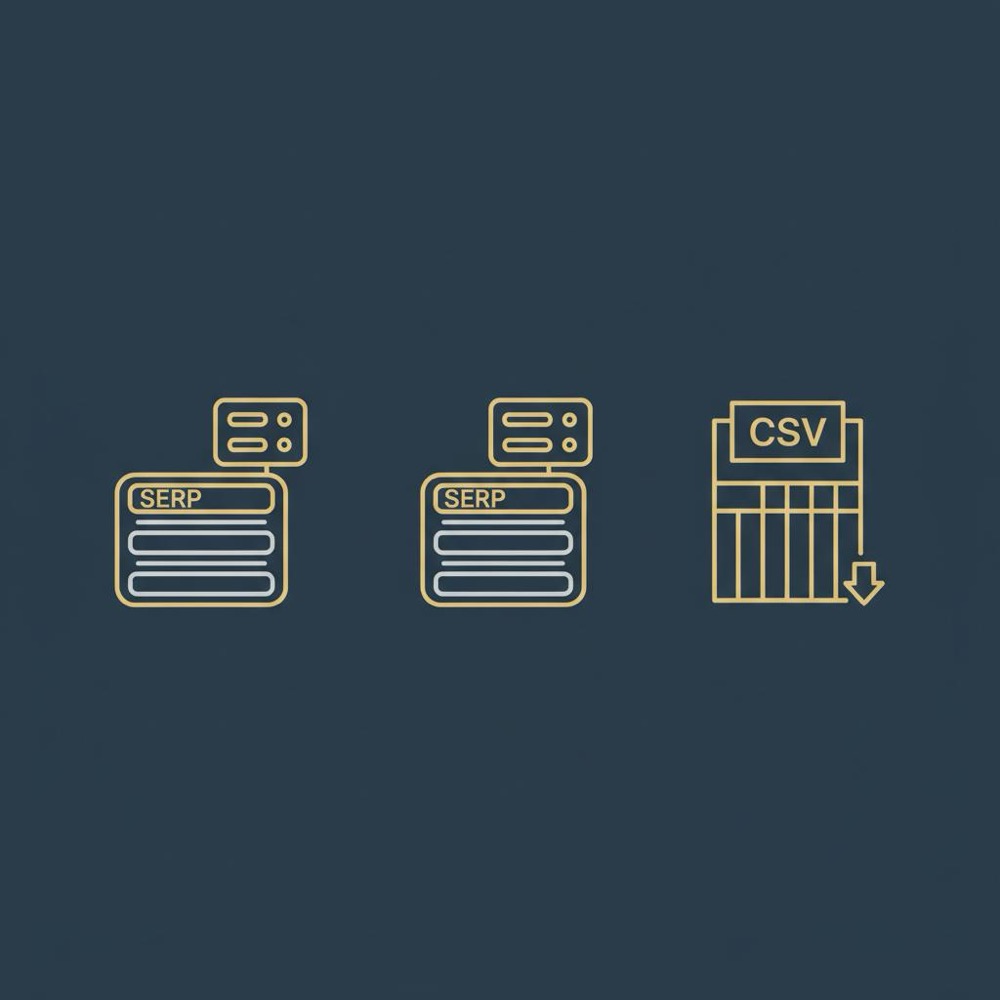 Minimal vector infographic showing a SERP list, overlay metrics, and a CSV export icon on Orvus brand colors with dark blue background and gold accents; seoquake free