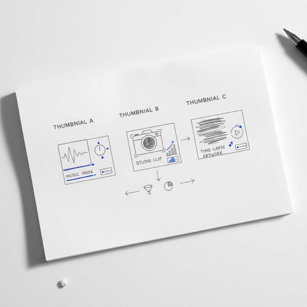 Close-up notebook page with three thumbnail sketches for short-form video concepts and small metric icons in minimalist Orvus style - Is TikTok worth it for artists