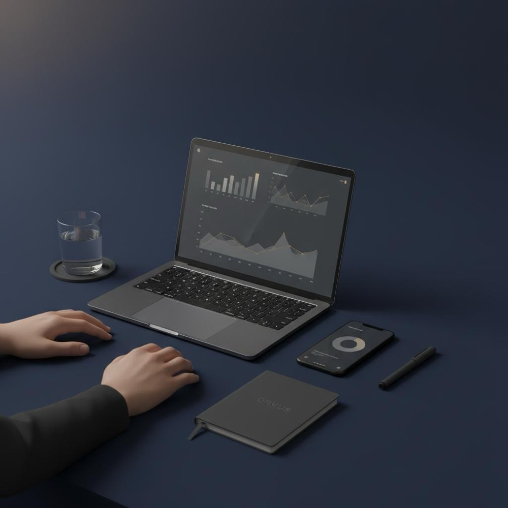 Tidy workspace with laptop showing analytics charts and smartphone beside on Orvus Ltd. navy background; How do I be on top of Google search?