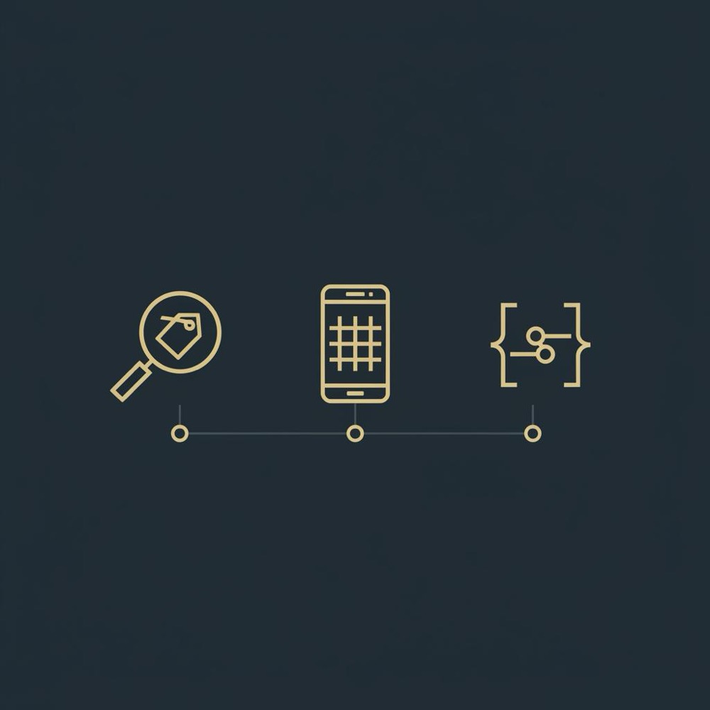 Minimal 2D vector infographic for search engine optimization showing icons for keywords, mobile and structured data on a dark #0B1E33 background using Orvus brand colors.