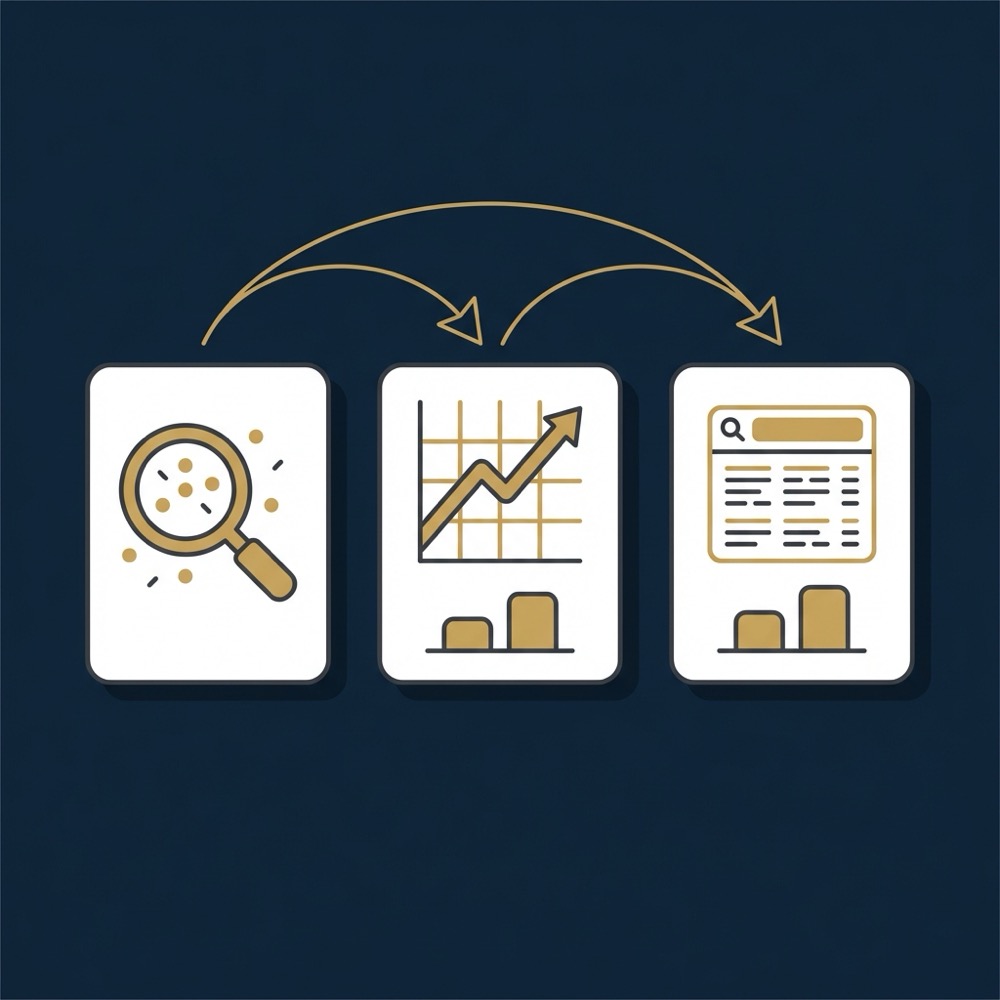 Minimal 2D vector infographic showing a comparison chart and two arrows from ahrefs com to abstract analytics and search console icons on a navy background