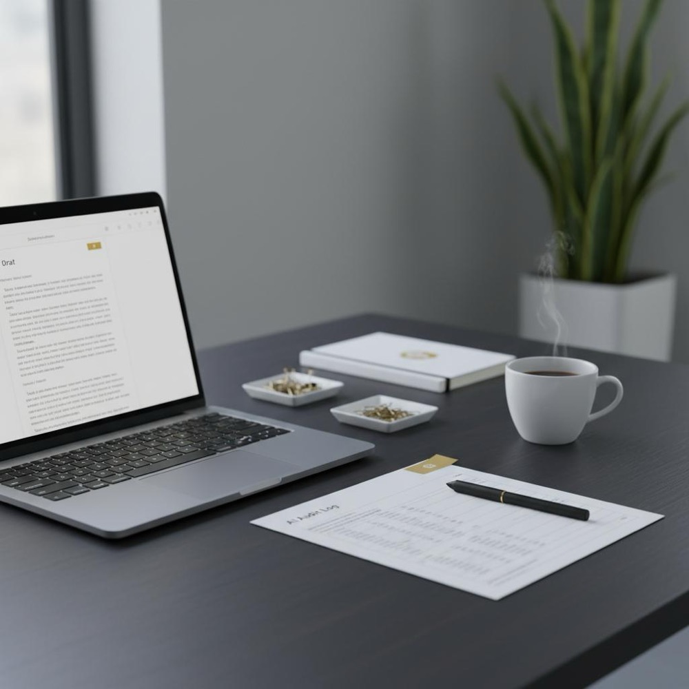 Tidy workspace with laptop showing a draft, printed audit log, pen and coffee cup; subtle #C8A45D notebook accent for AI copyright law article