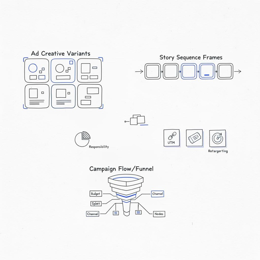 Minimal 2D vector notebook page showing sketched ad wireframes, story sequence frames and small post-it icons for UTM, promo code and retargeting - Instagram promotion price