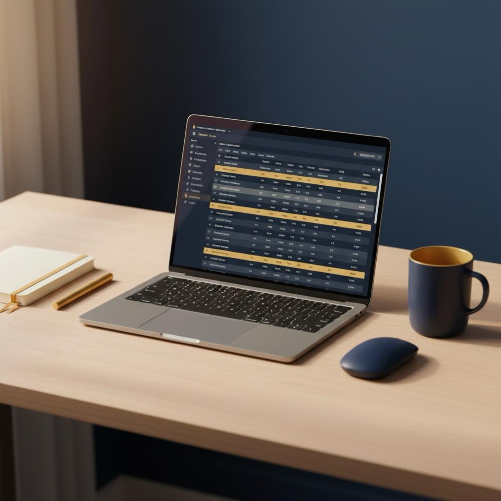 Tidy minimalist workspace with laptop showing a spreadsheet of keyword ideas for ChatGPT keyword research, soft lighting and Orvus Ltd. brand colors