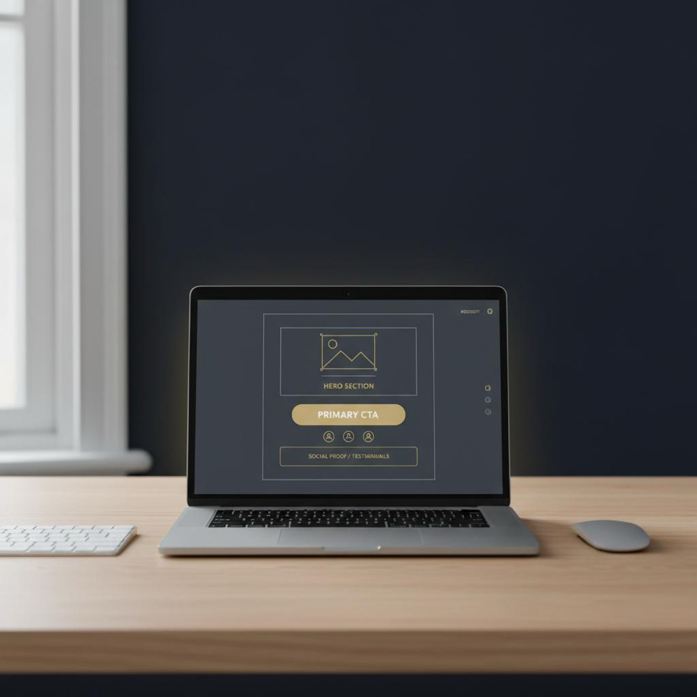 Minimalist workspace with laptop showing a landing page wireframe (hero, CTA, proof) on a deep navy #0B1E33 background with muted gold accents #C8A45D - SEO optimized landing page