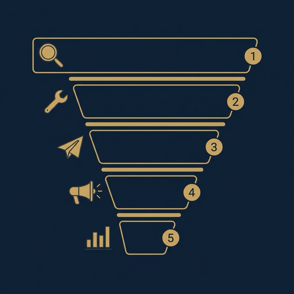 Minimal 2D vector priority funnel infographic for seo for blog posts five icon stages audit fix publish promote measure on dark blue background in Orvus Ltd brand colors