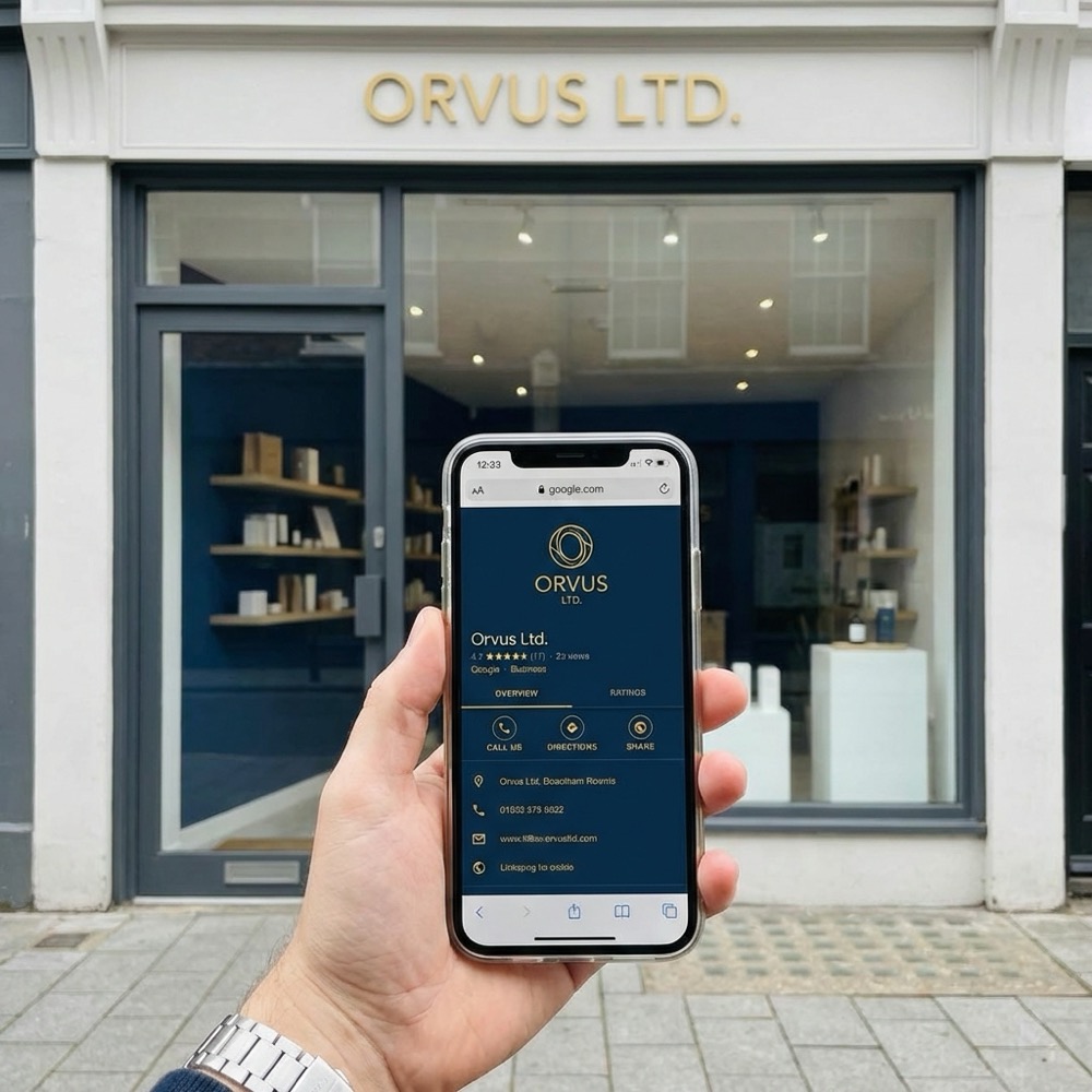 Clean full frame photo of a small shopfront with a smartphone displaying a Google Business Profile on screen in Orvus Ltd brand colors representing a local search engine optimization company