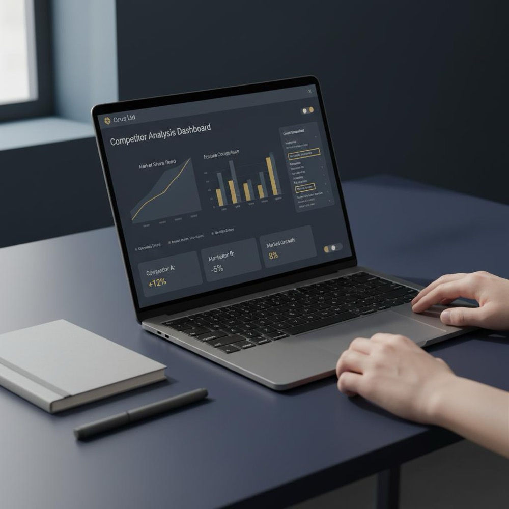 Angled minimalist workspace with laptop showing charts and crawl snapshots, accented in #C8A45D, visualizing AI competitor analysis tools in a clean, professional layout.