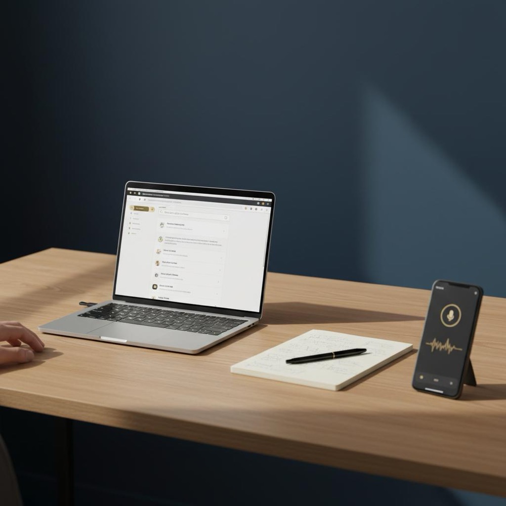 Minimalist workspace with laptop showing a search results page, notebook with quick notes, and phone voice assistant interface - what is the #1 search engine