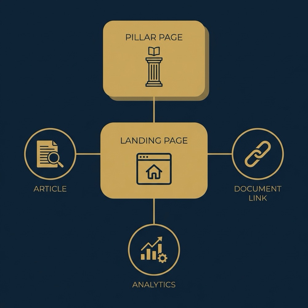 Minimalist 2D vector infographic showing a central landing page linked to a pillar page and three cluster posts in Orvus brand colors seo for blog posts