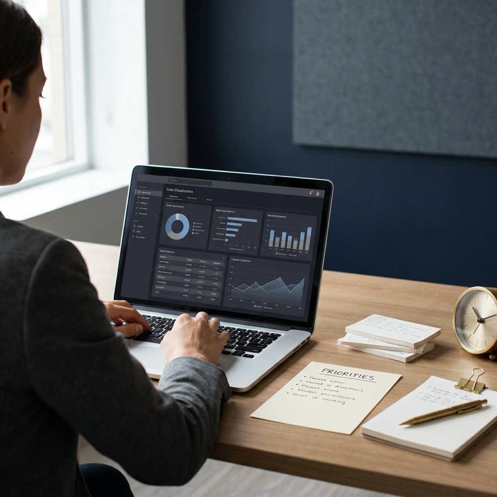 Operator reviewing a laptop performance dashboard with handwritten notes and a prioritization list on a minimalist navy background for seo company