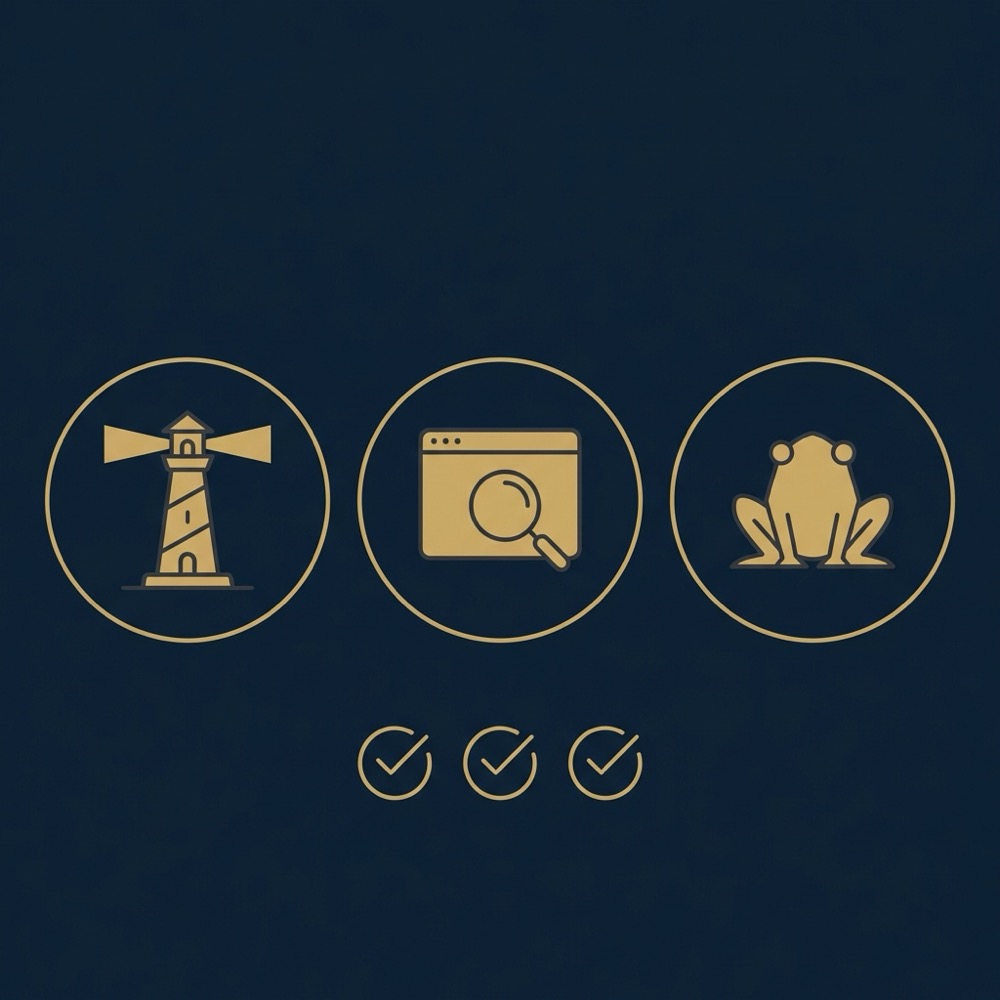 Minimal 2D vector infographic with lighthouse search console and frog icons and a three item checklist representing google ranking tools in navy and gold colors