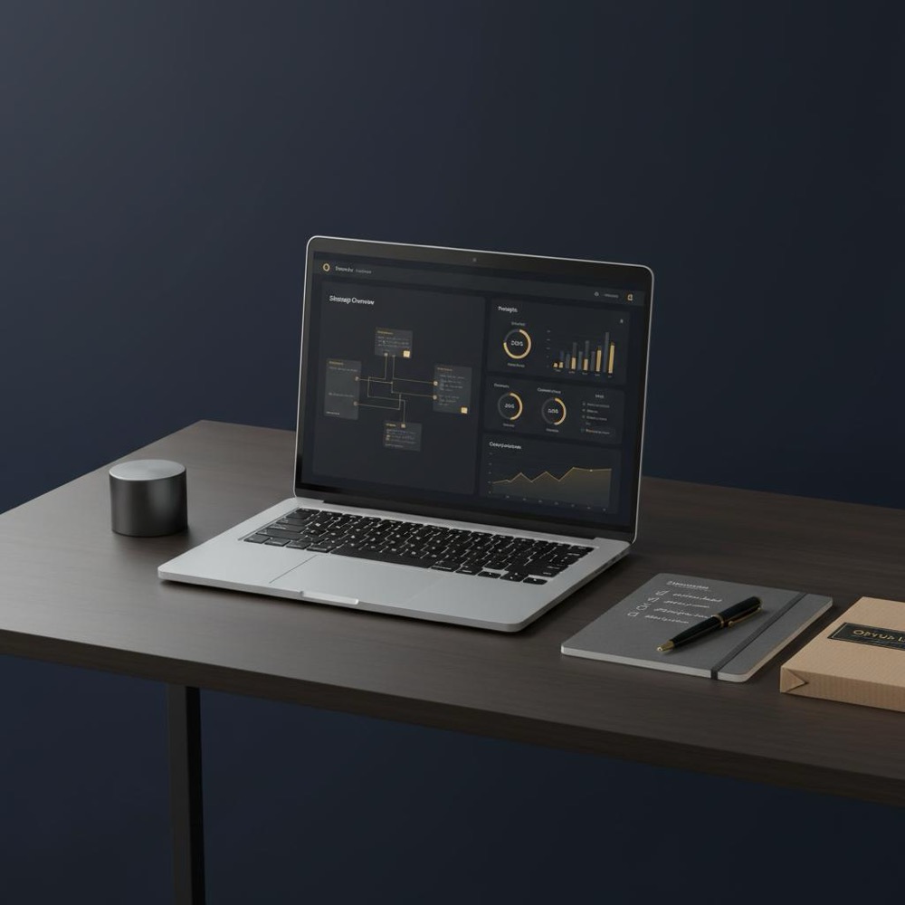Minimalist workstation with laptop showing sitemap and analytics dashboard, notebook checklist and Orvus Ltd package on deep navy background-SEO professional workspace with gold accents.