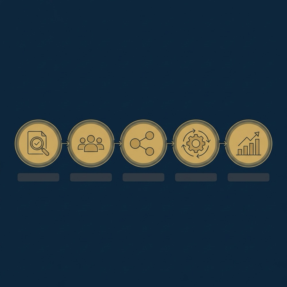 Minimalist 2D vector infographic showing a five step framework with icons for audit audience channel workflow and KPIs on a deep blue background content optimization