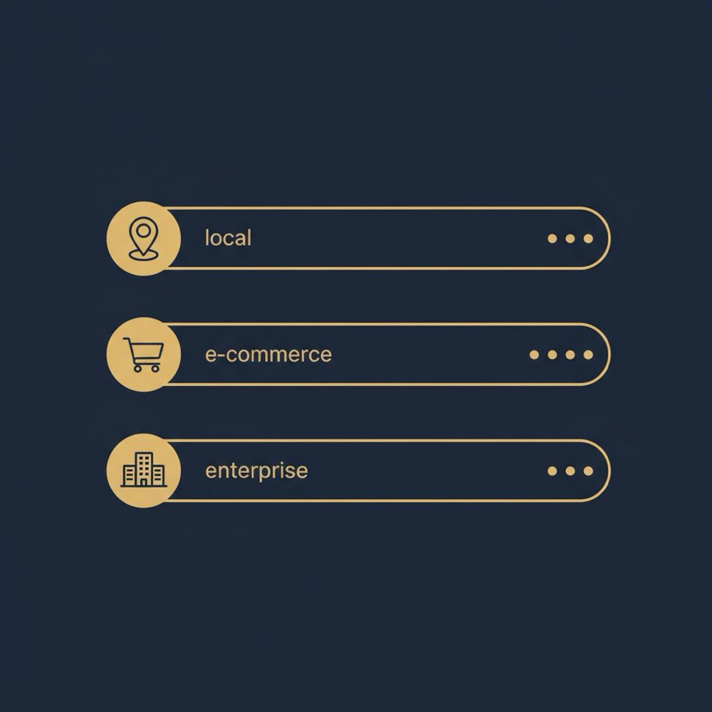 Minimal vector infographic with three stacked horizontal budget bars and icons for local, e-commerce, and enterprise on a navy background illustrating seo cost tiers.
