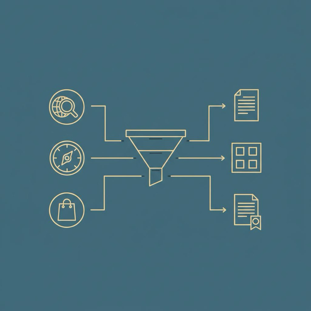 Minimal Orvus-style vector infographic mapping types of keywords to funnel stages and corresponding page types on a dark #0B1E33 background