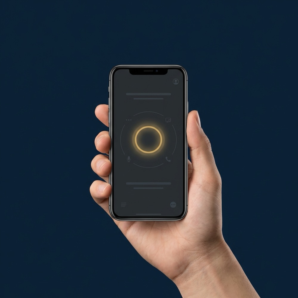 Smartphone showing a voice assistant waveform representing voice search seo on a navy background with Orvus Ltd gold and dark gray minimalist accents