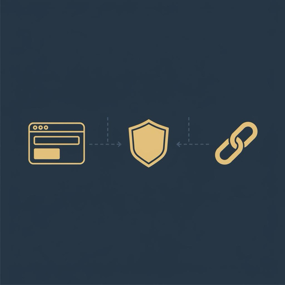 Minimal 2D vector infographic with browser window, shield, and chain link icons on deep navy background in Orvus Ltd. palette, illustrating the PageRank concept.