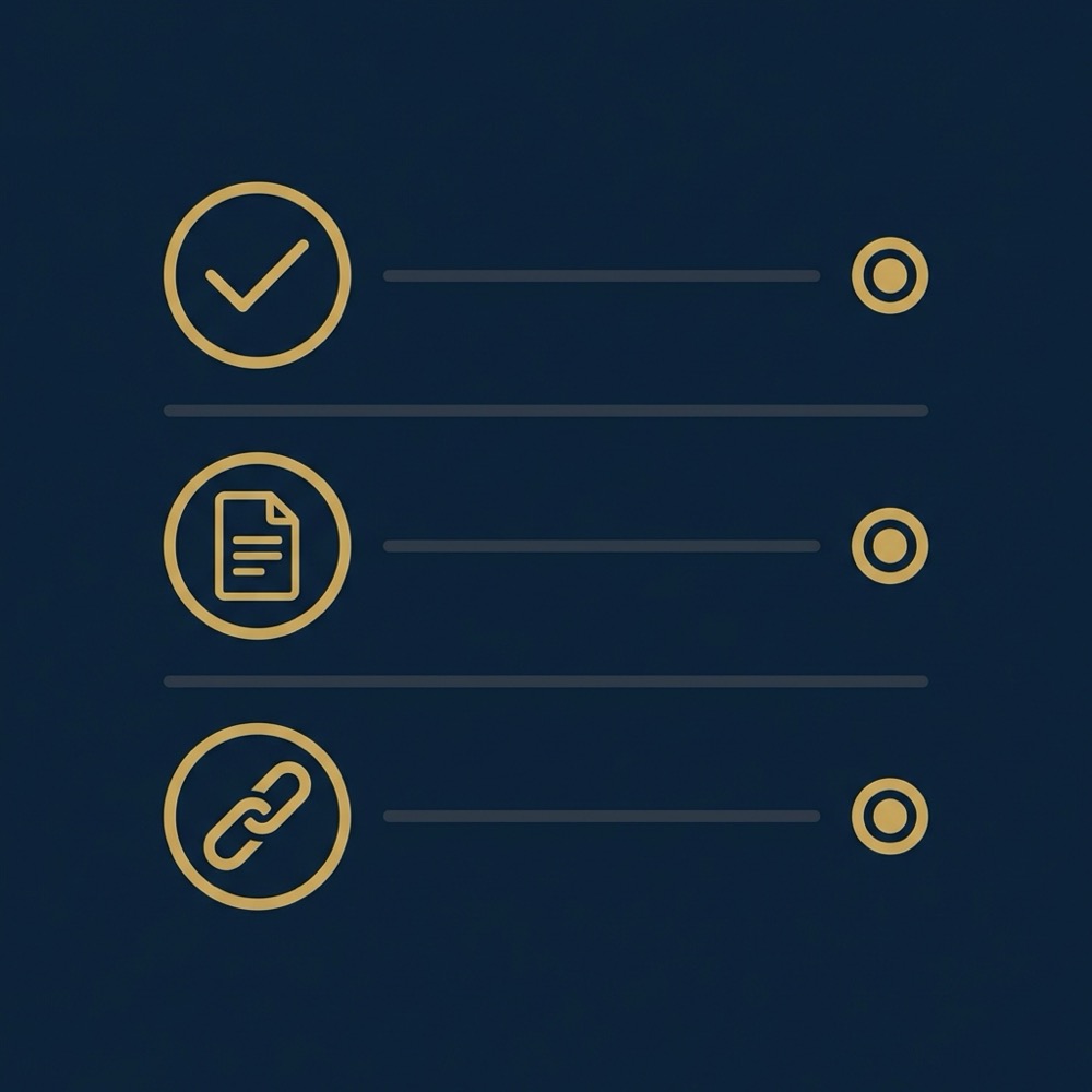 Minimal 2D vector rewrite checklist infographic showing verification check and citation icons on navy background with gold accents