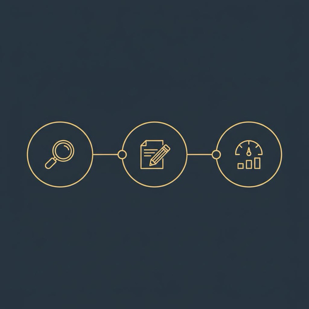 Minimal 2D vector advertorial example infographic with three icons (magnifier, pencil, bar chart) on navy background #0B1E33 with gold accents #C8A45D