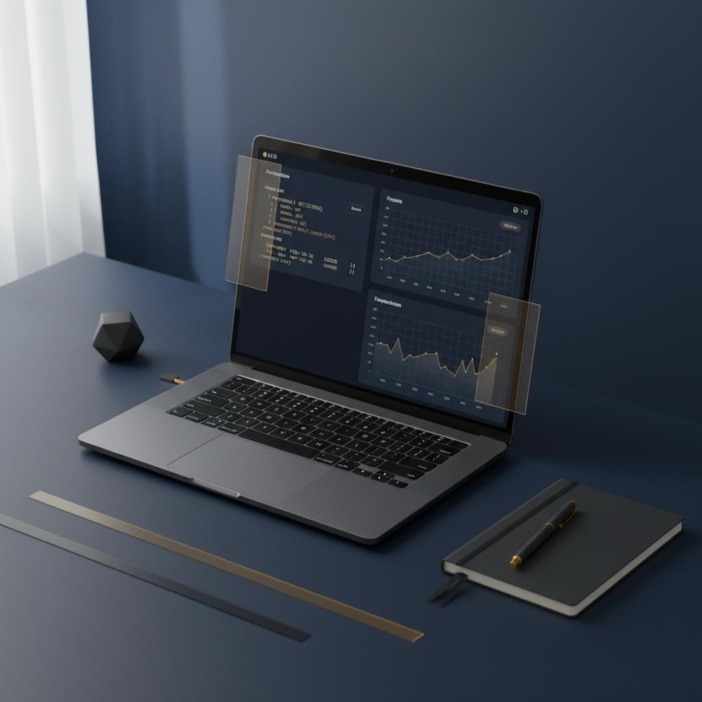 Minimalist navy workspace with laptop displaying a JSON snippet and data charts, brand accents #C8A45D and #2E3237; Is DataForSEO free