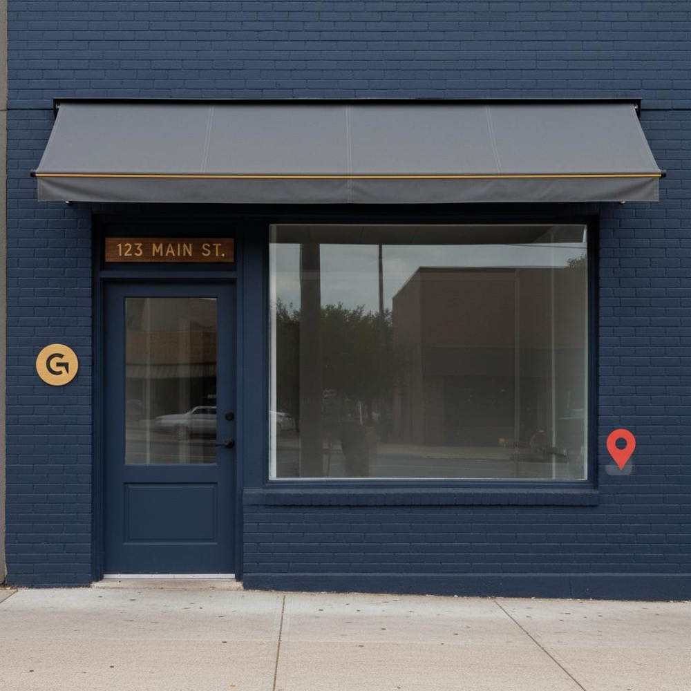 Small storefront with clear signage and a Google-style map pin overlay to illustrate how to optimize GMB listing for local businesses, minimalist brand accents.