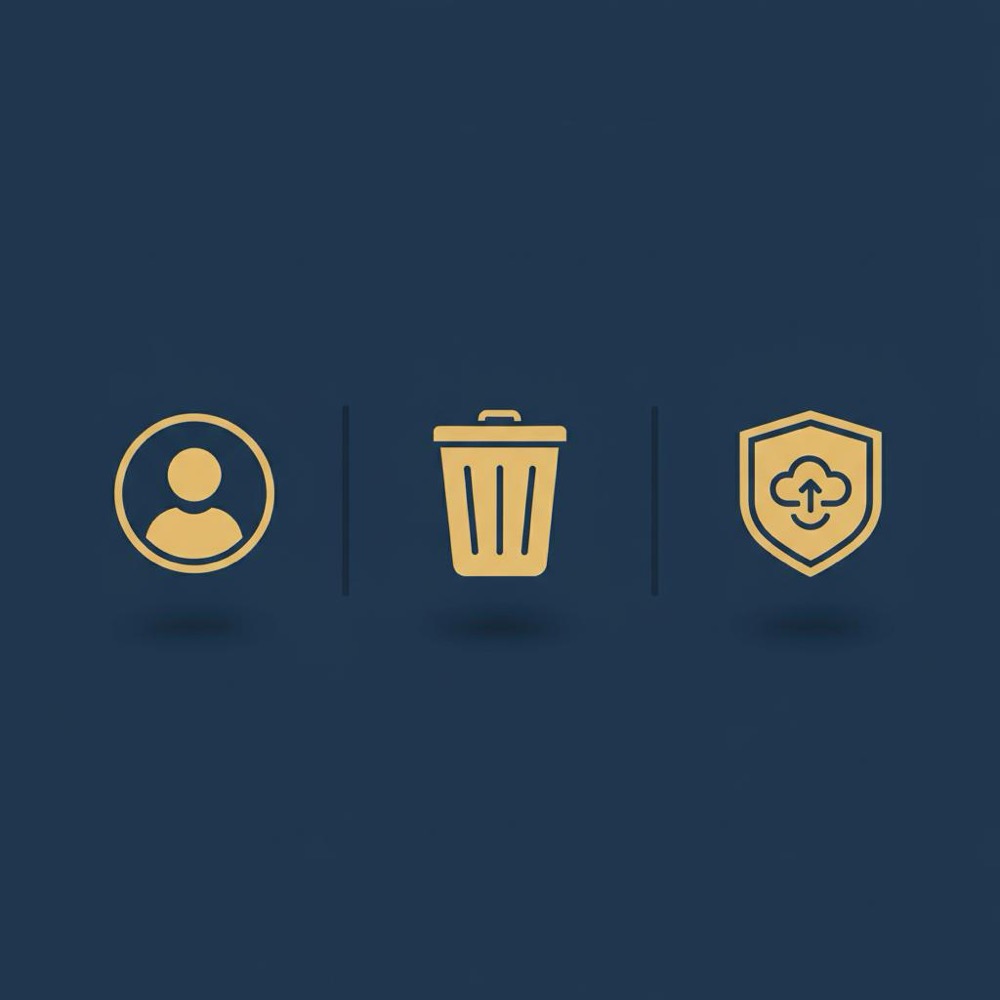 Minimal 2D vector infographic showing three icons - user avatar, delete trash bin, and shield backup (cloud+arrow) in Orvus Ltd palette on deep blue background, representing Google reviews actions.