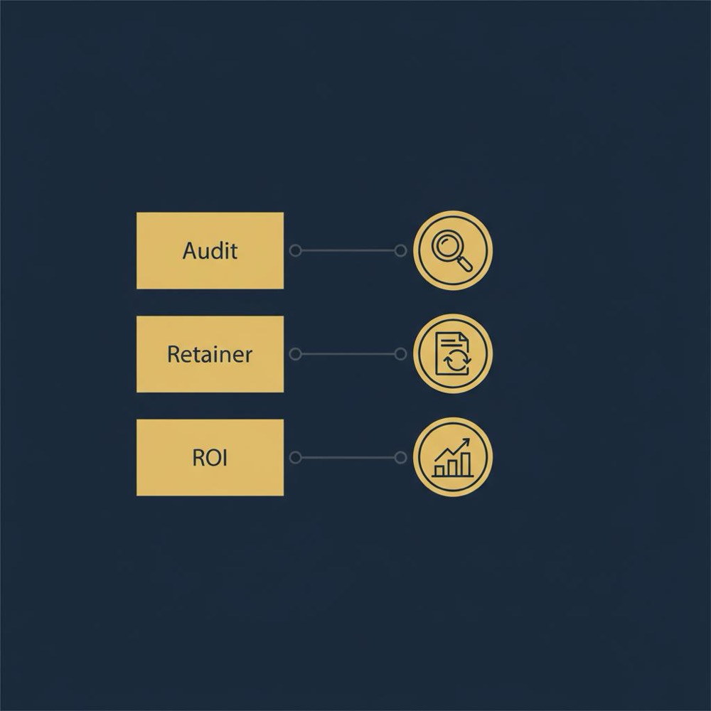 Minimal 2D vector infographic showing stacked bar and timeline icons for audit, retainer and ROI in Orvus Ltd brand colors on a navy background, seo agency pricing
