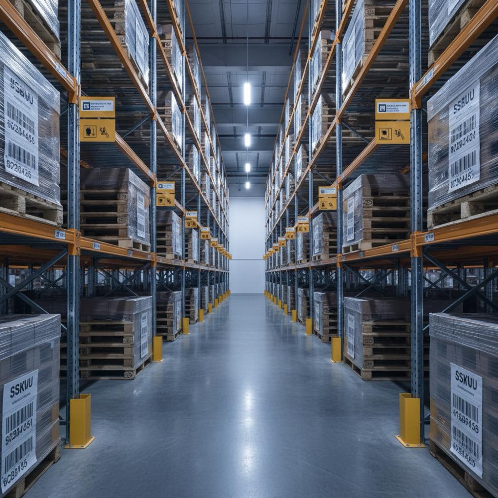 Well-organised warehouse aisle with labeled pallets and visible maintenance signs, deep navy shadows and warm gold accents, showcasing Orvus Ltd as a reliable supplier