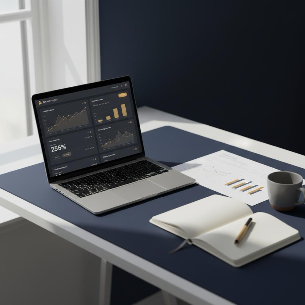 Minimalist workspace with laptop showing a backlink analysis dashboard, printed research chart and notes under natural light; focused on link building