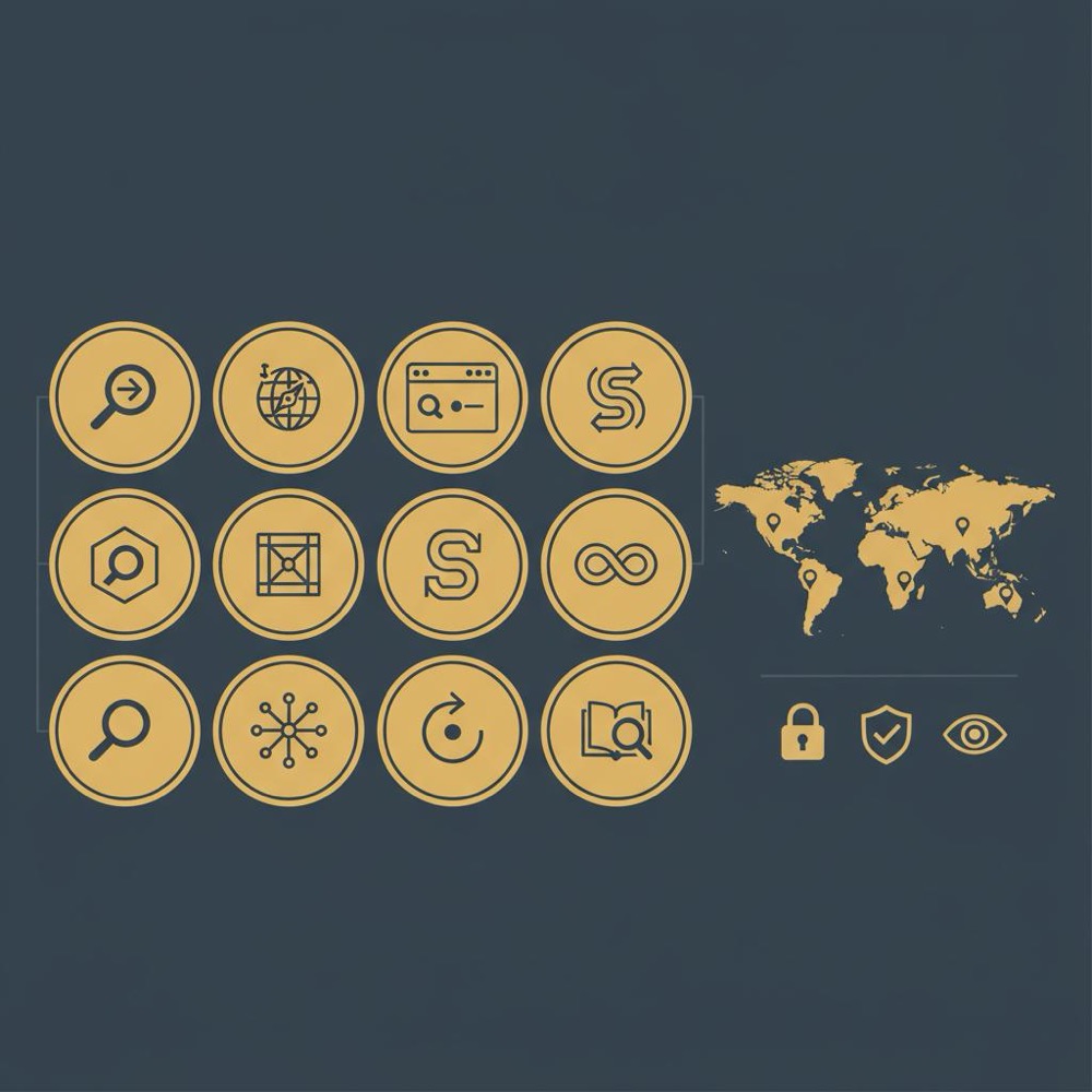 Minimal 2D vector infographic of the top 10 search engines 2025 using Orvus Ltd. palette, icon tiles, regional markers and privacy icons on dark blue background, best search engines 2025