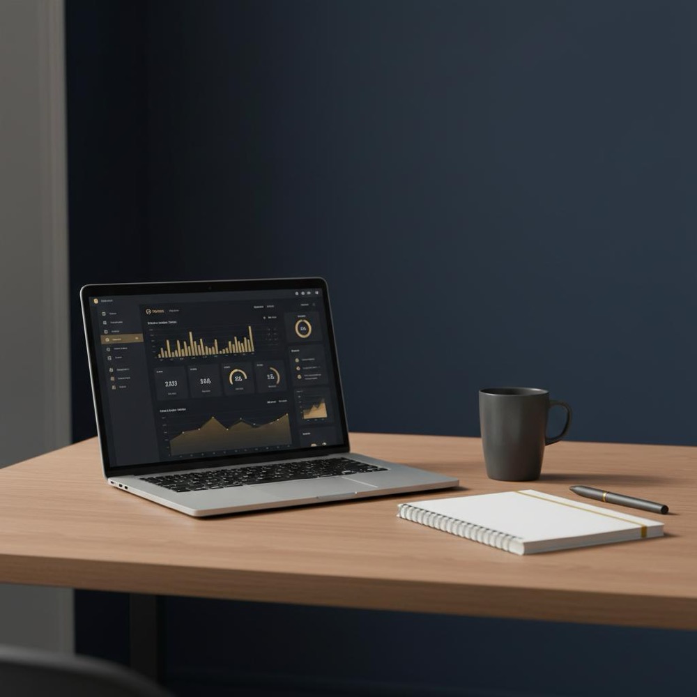 Minimal modern workspace with laptop showing analytical dashboard and notepad accented in #C8A45D on a deep navy background #0B1E33, natural light - for search engine optimization article.