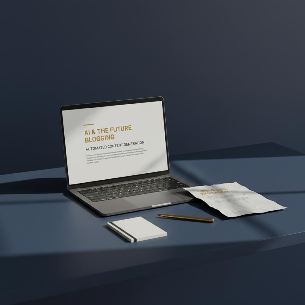 Minimalist desk with laptop showing an article draft and a printed research sheet, navy background and gold accents for AI and blogging