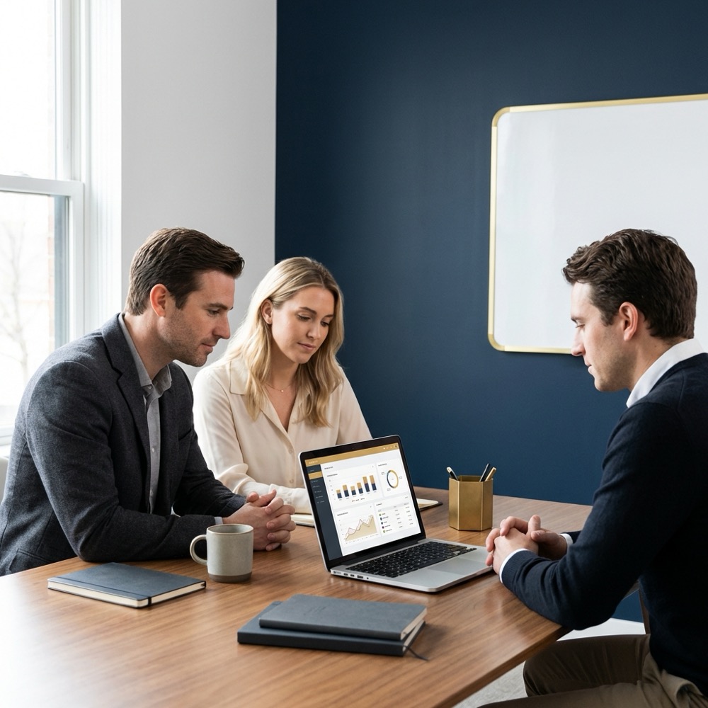 Three colleagues review website analytics on a laptop in a minimalist navy office to increase seo and improve content performance