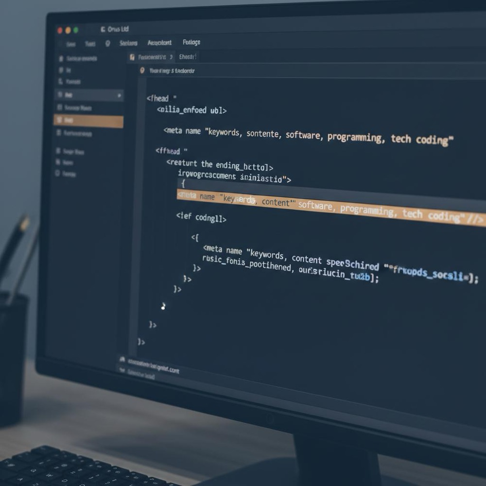 Close-up out-of-focus developer screen showing an HTML head with a visible meta keywords tag highlighted in Orvus colors, minimalist workspace, no faces