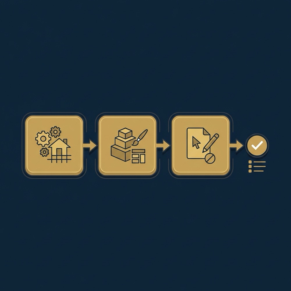 Minimal vector infographic showing site defaults flowing into templates then page overrides with a QA checklist icon seo meta