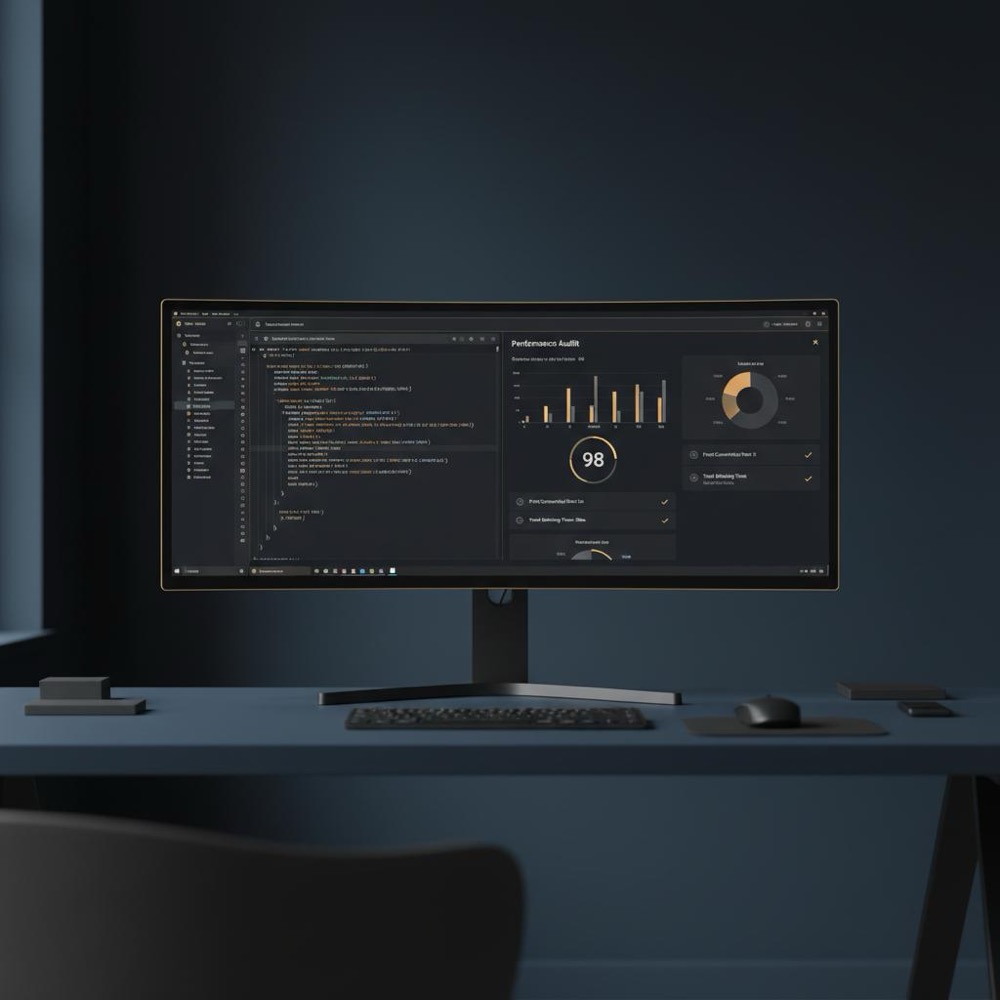 Minimalist desktop workspace with a monitor displaying code and a performance audit dashboard, dark navy background and gold-accented monitor border - search engine optimisation specialist