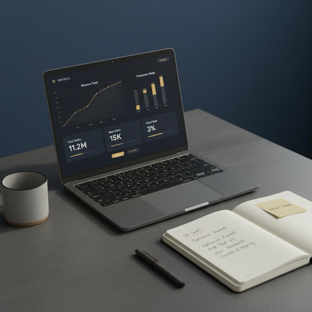 Tidy minimalist workspace with laptop showing analytics charts and a notebook with notes and hypotheses in brand colors, no faces - how to get really good at SEO