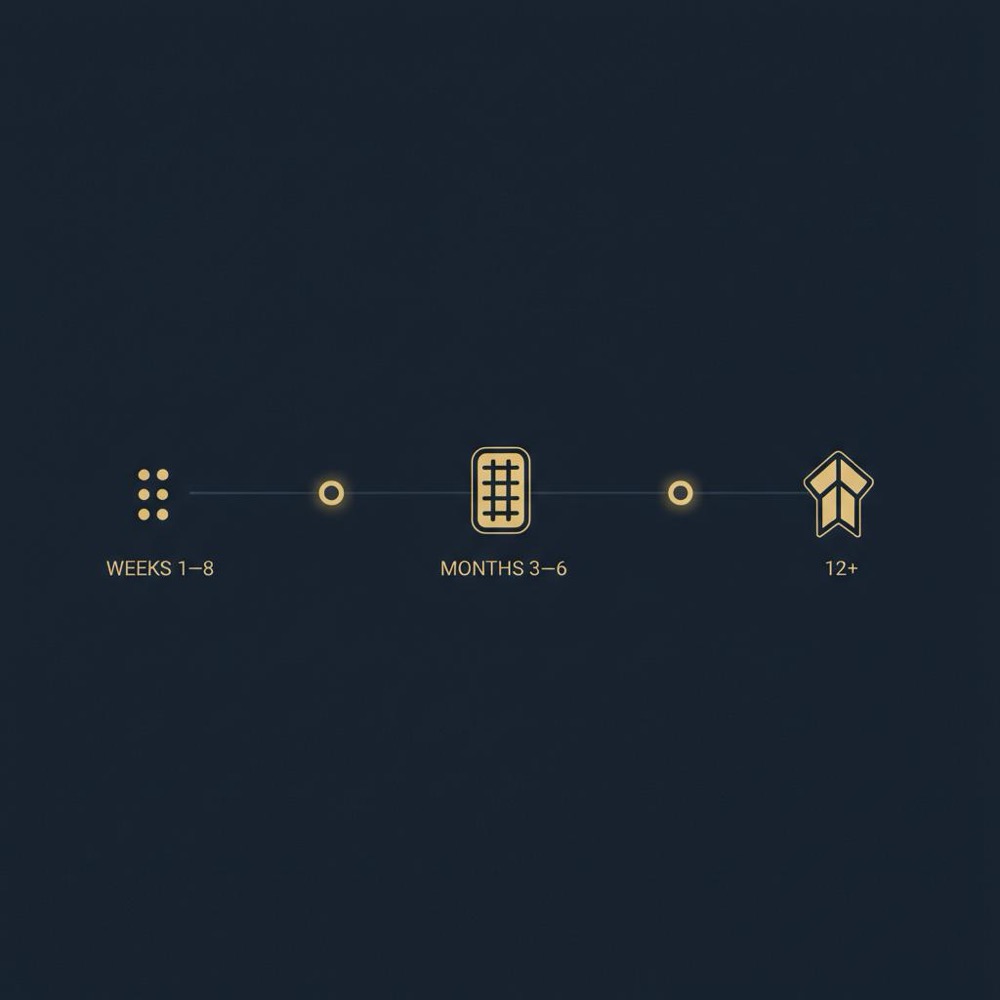 Minimal vector timeline infographic showing three milestone icons (Weeks 1-8, Months 3-6, 12+) on dark navy background using Orvus Ltd. palette to illustrate steps to learn SEO