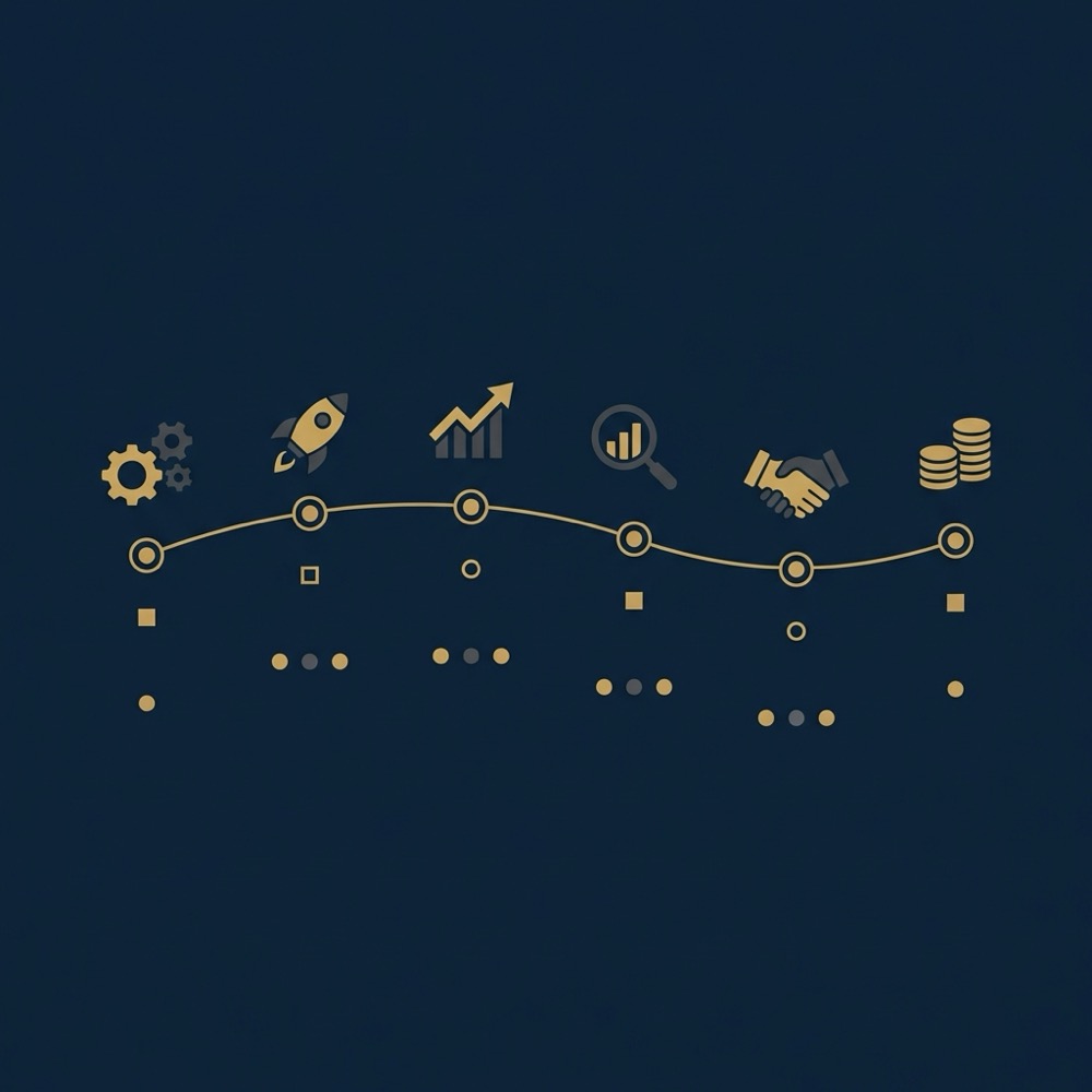 Minimalist 2D vector infographic of a 30 to 90 day roadmap with milestone icons and gold accents on navy background for best search engine optimization company