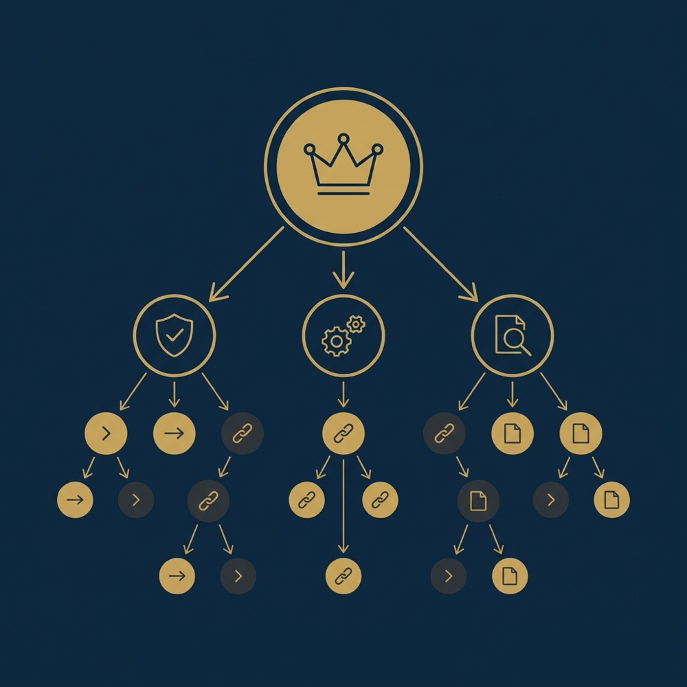 Minimalist vector infographic showing authority flow across site pages with circular nodes and arrows illustrating seo page rank in Orvus Ltd brand colors