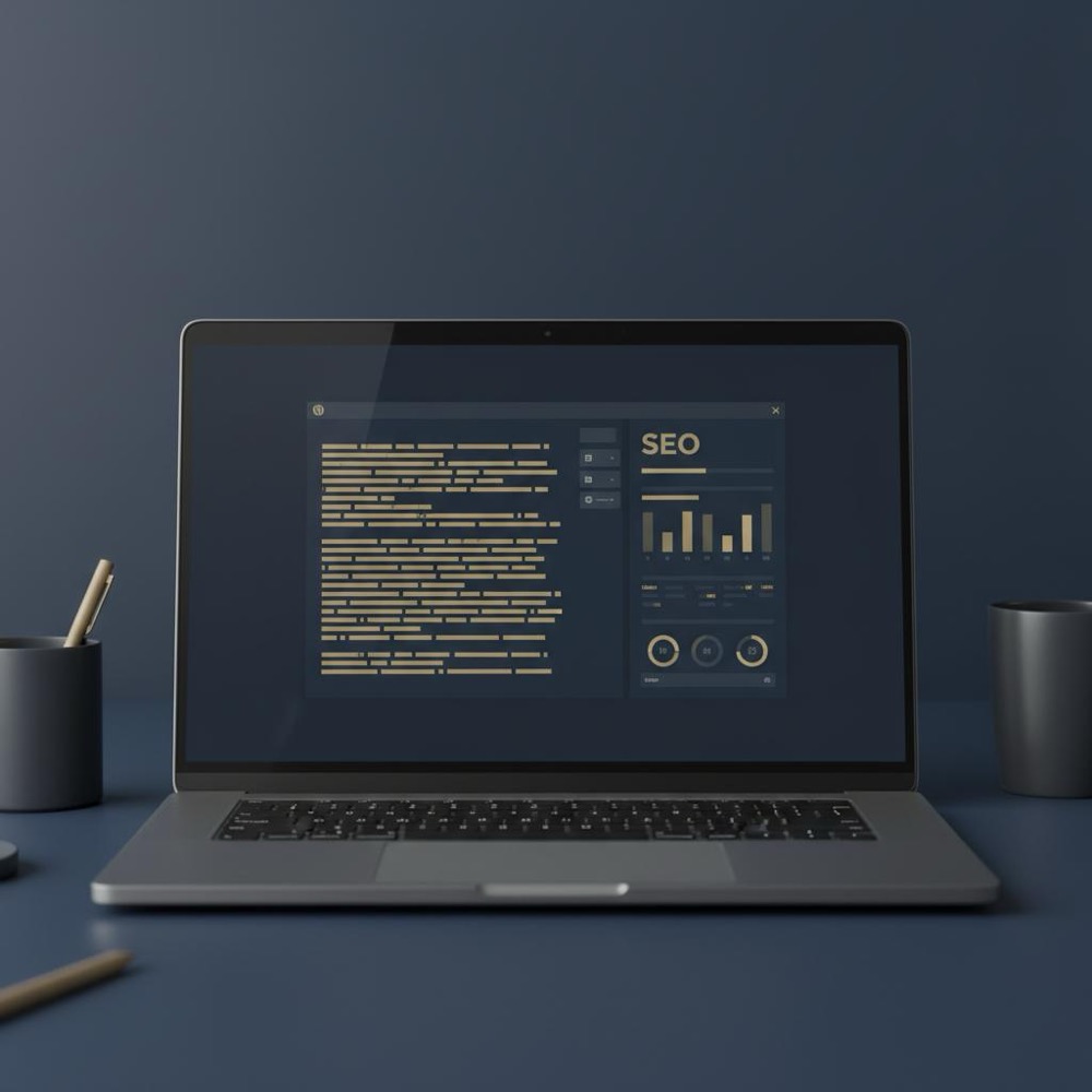 Close-up laptop showing WordPress editor and SEO sidebar comparing rank math vs aioseo, minimalist navy workspace with muted #C8A45D highlights and neutral lighting