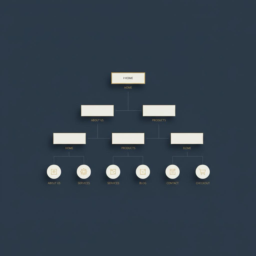 Minimalist website architecture diagram on dark blue background with gold accents showing sitemap nodes and connectors, focused on search optimization