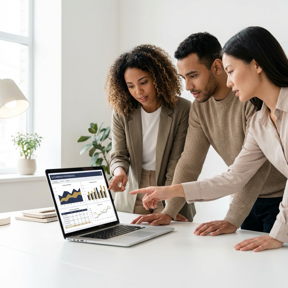 Small team reviewing search engine marketing campaign dashboards on a laptop showing clear charts and conversion metrics against a clean dark blue brand background