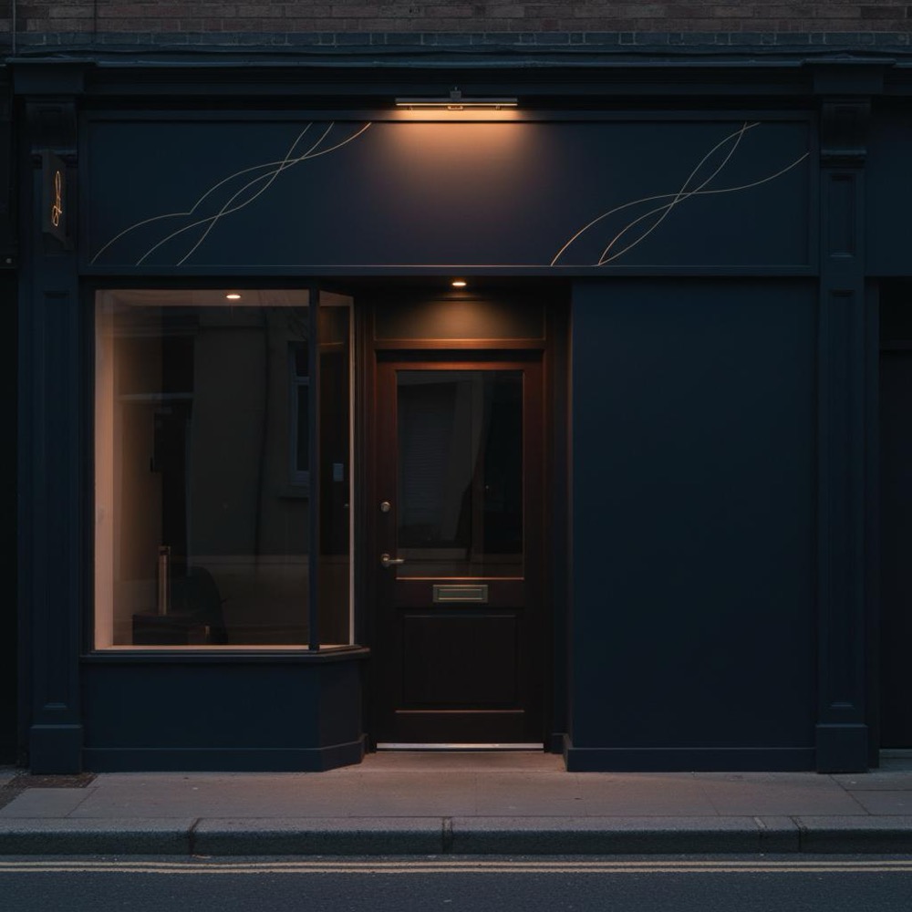 Can I do local SEO myself? Photorealistic street-level photo of a small storefront entrance with clear signage, warm lighting and subtle #C8A45D accents on a #0B1E33 background, no people visible.