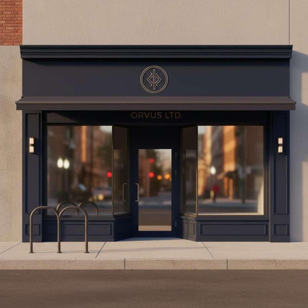 Small Orvus Ltd. storefront in warm late-afternoon light with clear curbside and minimalist signage using #C8A45D accents for local SEO
